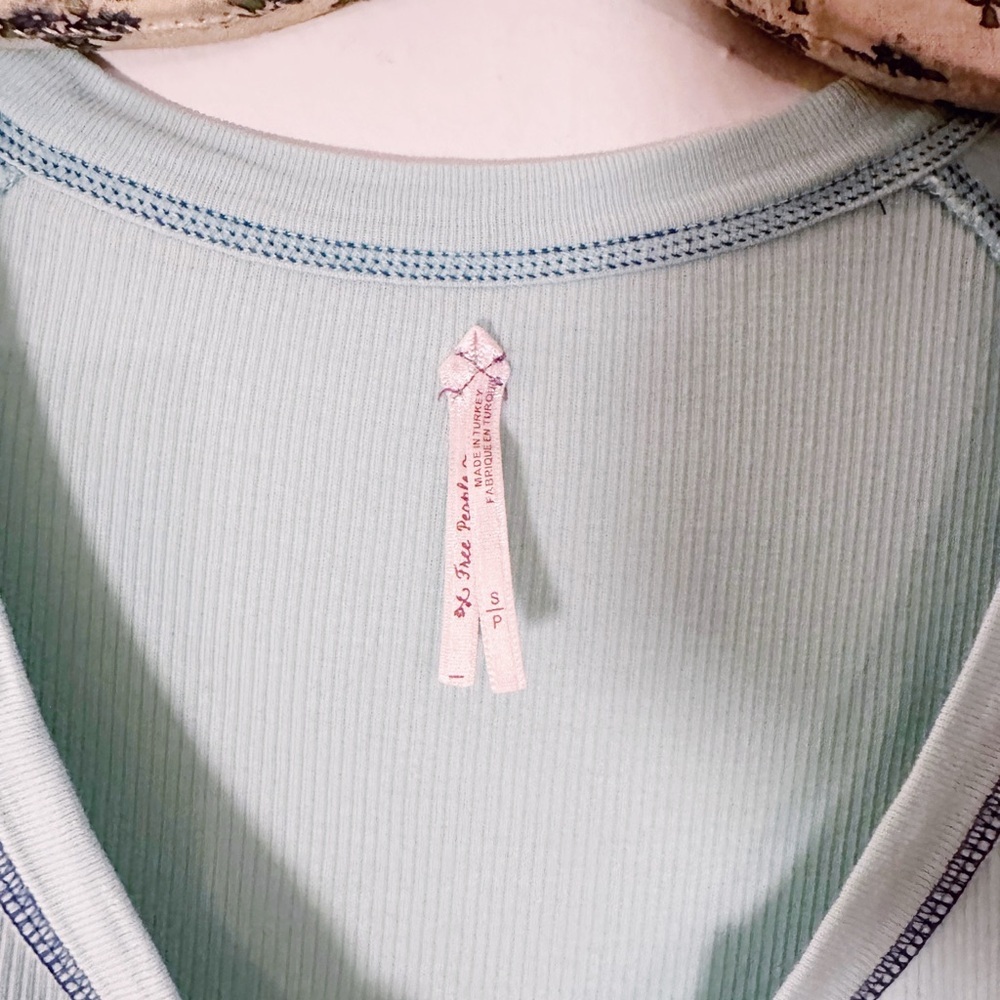 Free People Y2K Vintage Henley Thermal Ribbed Top Sword Embroidery Blue - Picture 4 of 8